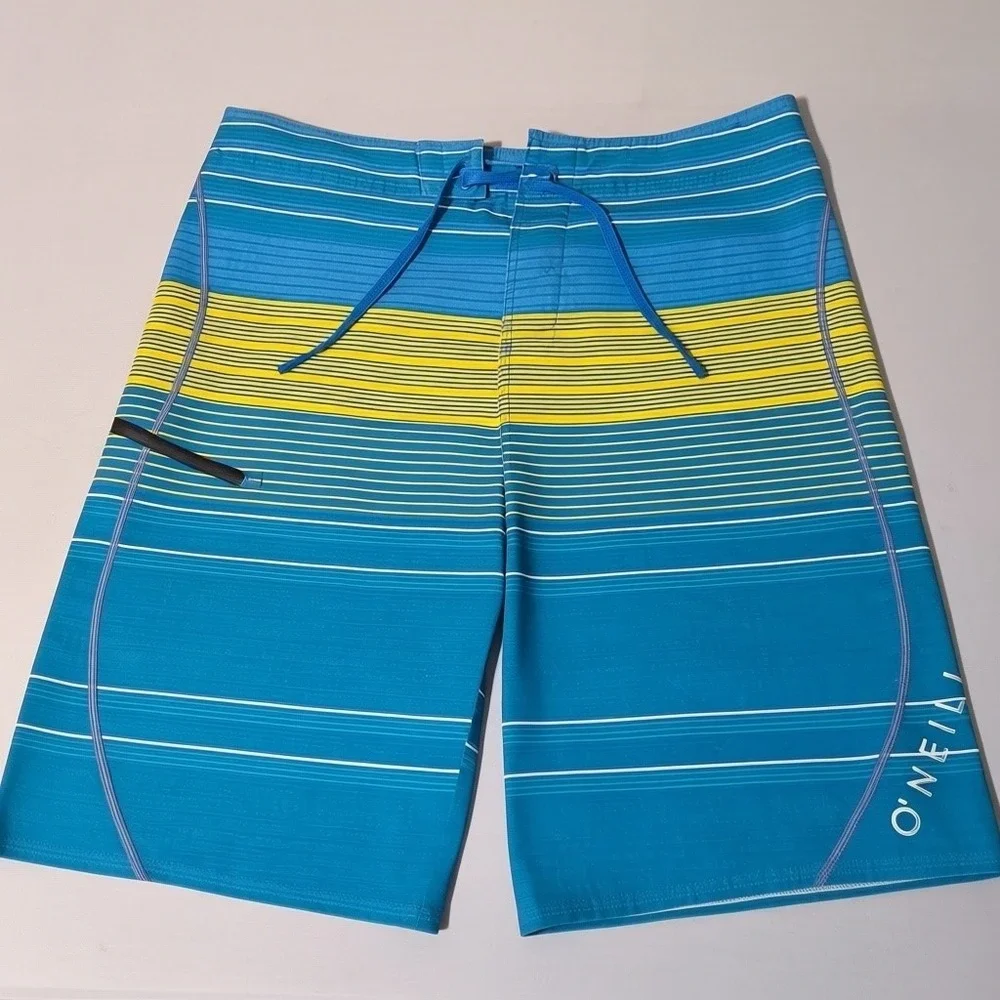 O'Neill Board Shorts Men 32 Blue Yellow Hyperfreak Striped Swim Trunks